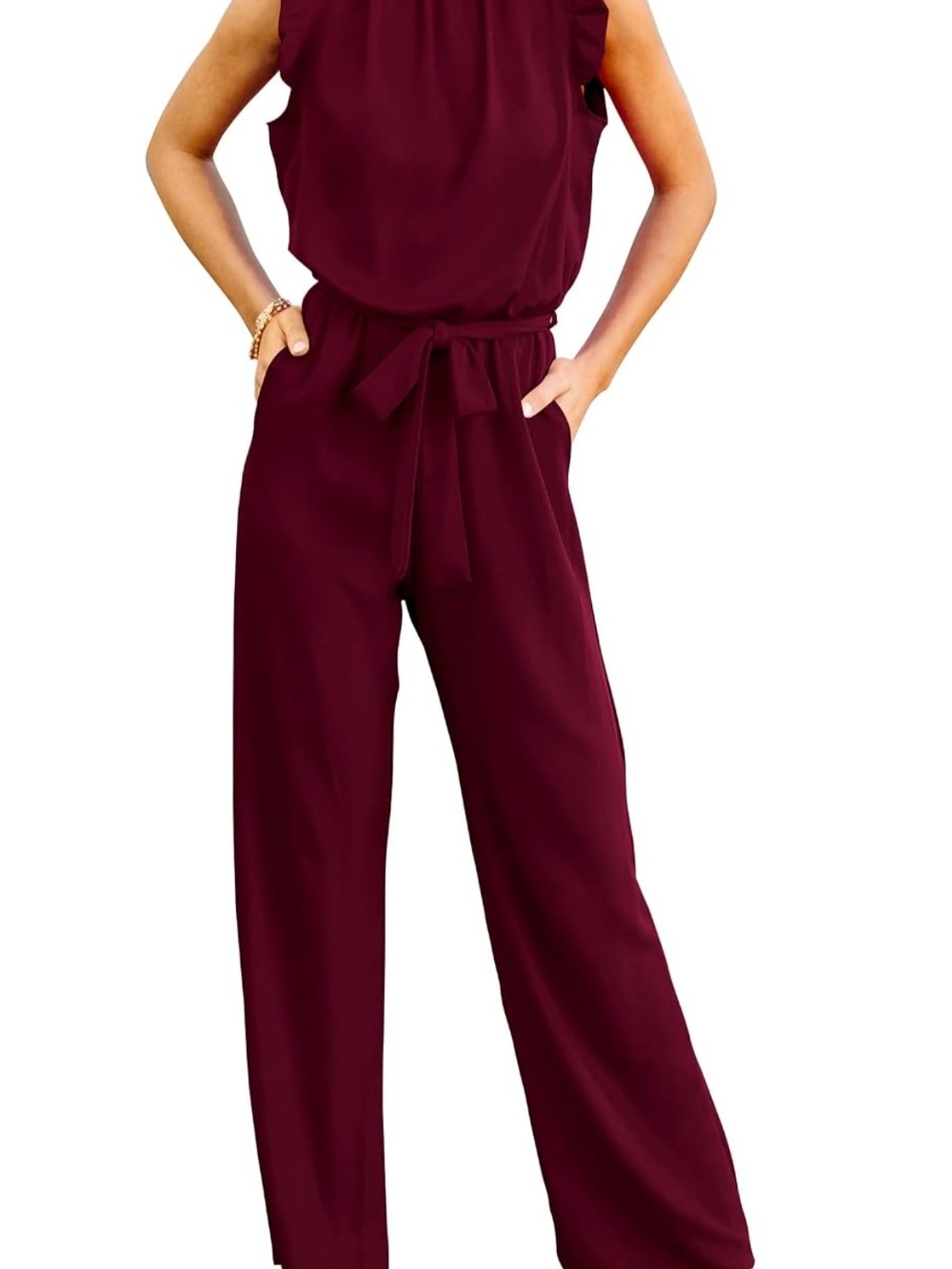 Sleeveless Wide-Leg Jumpsuit with Tie Waist - Wine Red